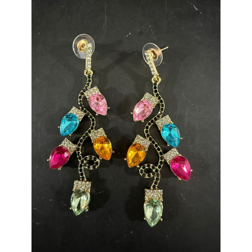 Christmas Holiday Lights Multicolor Crystal Rhinestone Dangle Earrings 2.25in